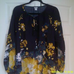 Chico's Navy Floral Tassel Long Sleeve Blouse Size Chico's 3 (XL)